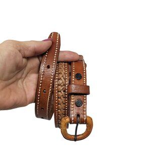 Vtg Handmade Cognac Braided Tooled Western Leather Belt 28" Cowgirl Country Boho